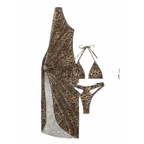 Leopard Bikini, One-shoulder Long Yarn, Three-piece Swimming Suit, Strapping Neck Underwear, Hollow Underwear (M)